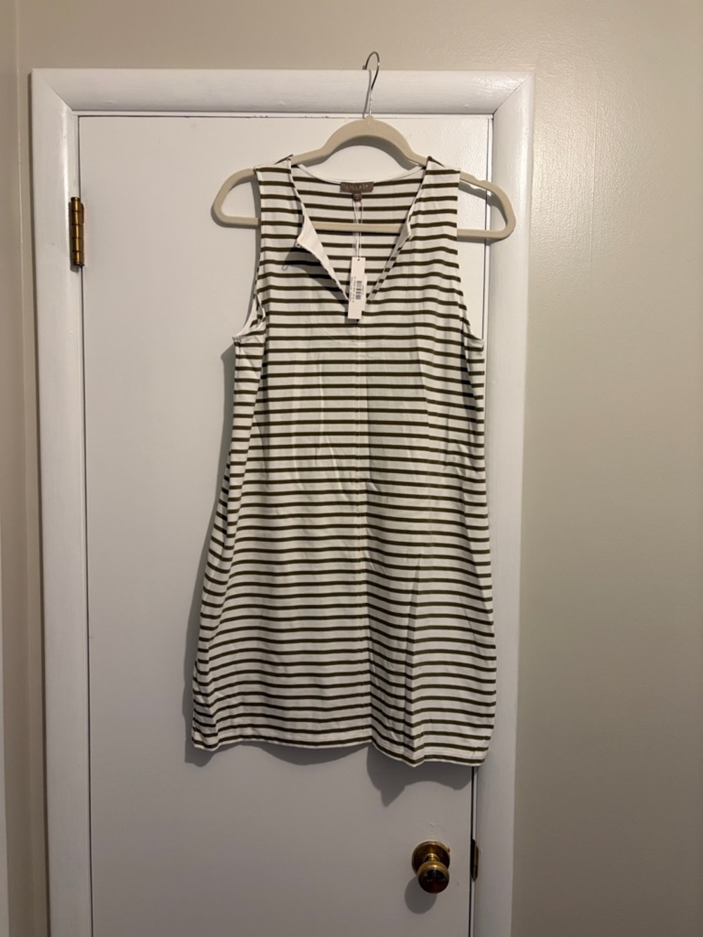 Lilla P White and Olive Green Striped Mini Dress